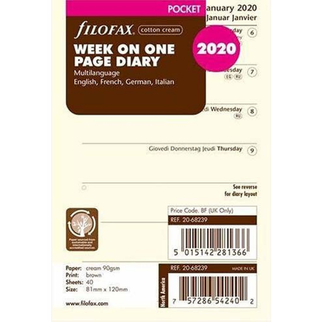 Filofax Refill 2022 Pocket Cream - Week on 1 page
