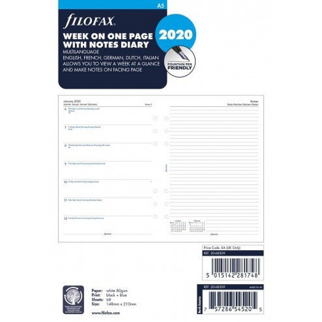 Filofax Refill 2022 A5 White - Week on 1 page with Notes