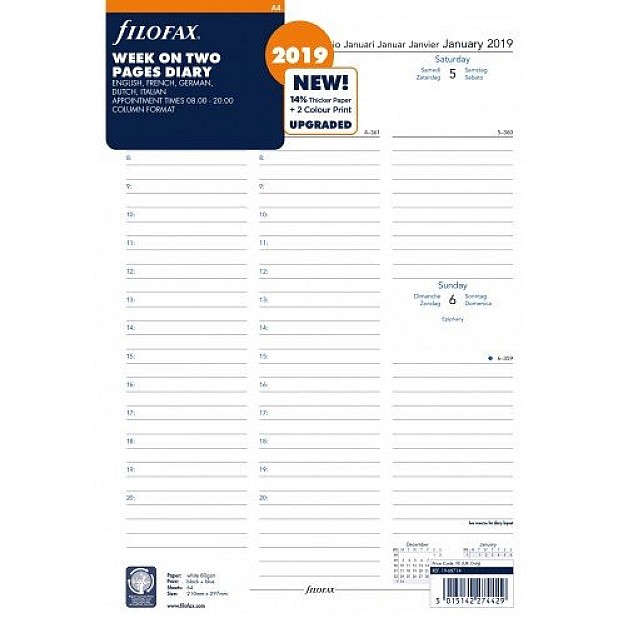 Filofax Refill 2024 A4 White - Week on 2 pages with Columns