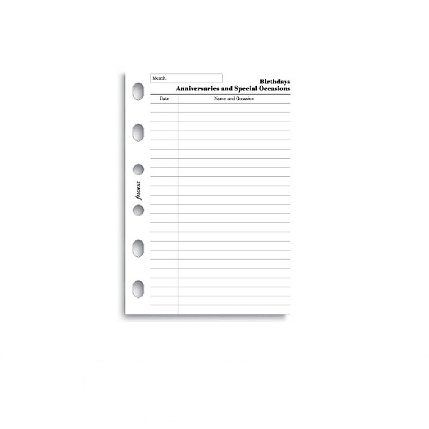 Filofax Refill Pocket White Birthdays & Anniversaries Notepaper