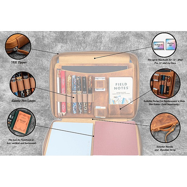 Galen Leather Compendium Bag Black A4 Zippered Folio Organizer