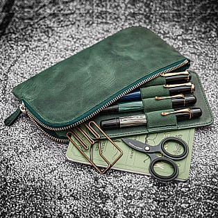 Galen Leather Slip-N-Zip 4 Slots Zippered Crazy Horse Fores Green Pen Pouch