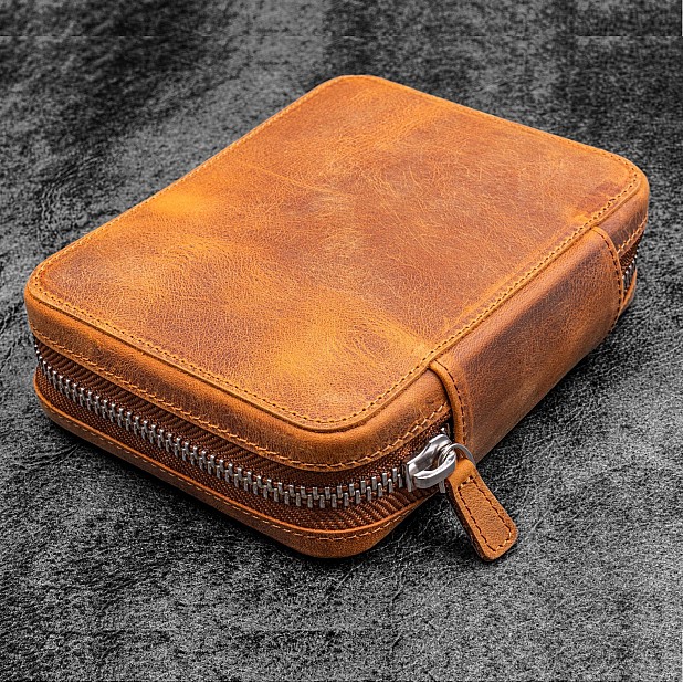 Galen Leather Crazy Horse Brown Zippered Expansi Pen Pouch (Tenfold)