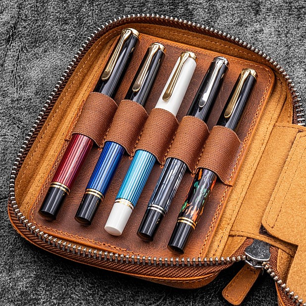 Galen Leather Crazy Horse Brown Zippered Expansi Pen Pouch (Tenfold)