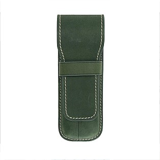 Galen Leather Crazy Horse Green Flap Pen Pouch (Double)