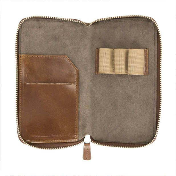 Galen Leather Chocolate Brown Zippered Pen Pouch (Triple)