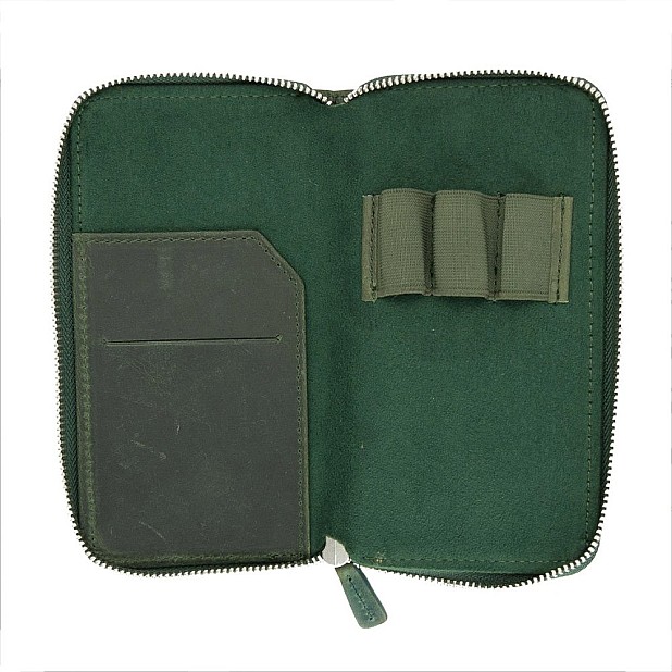 Galen Leather Crazy Horse Green Zippered Pen Pouch (Triple)