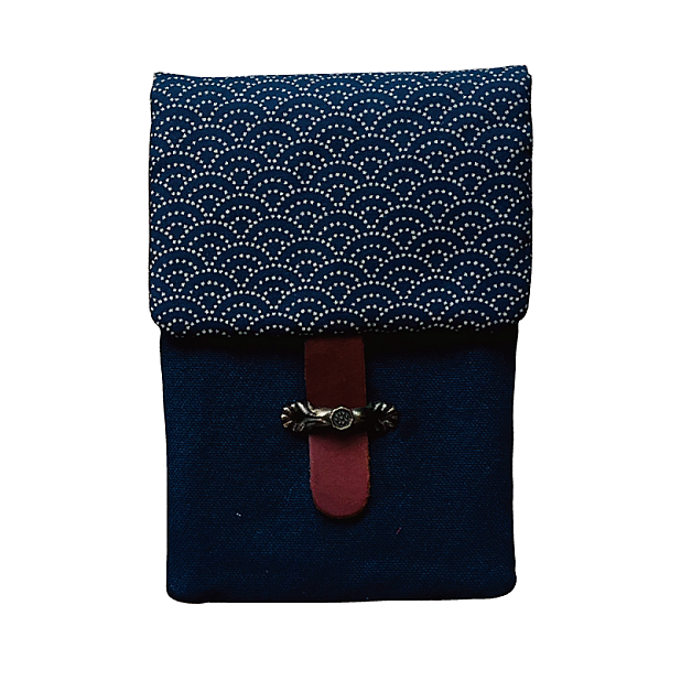 Kyoku Haku Seigaiha Dark Blue Cotton Flap Pen Pouch (Fourfold)