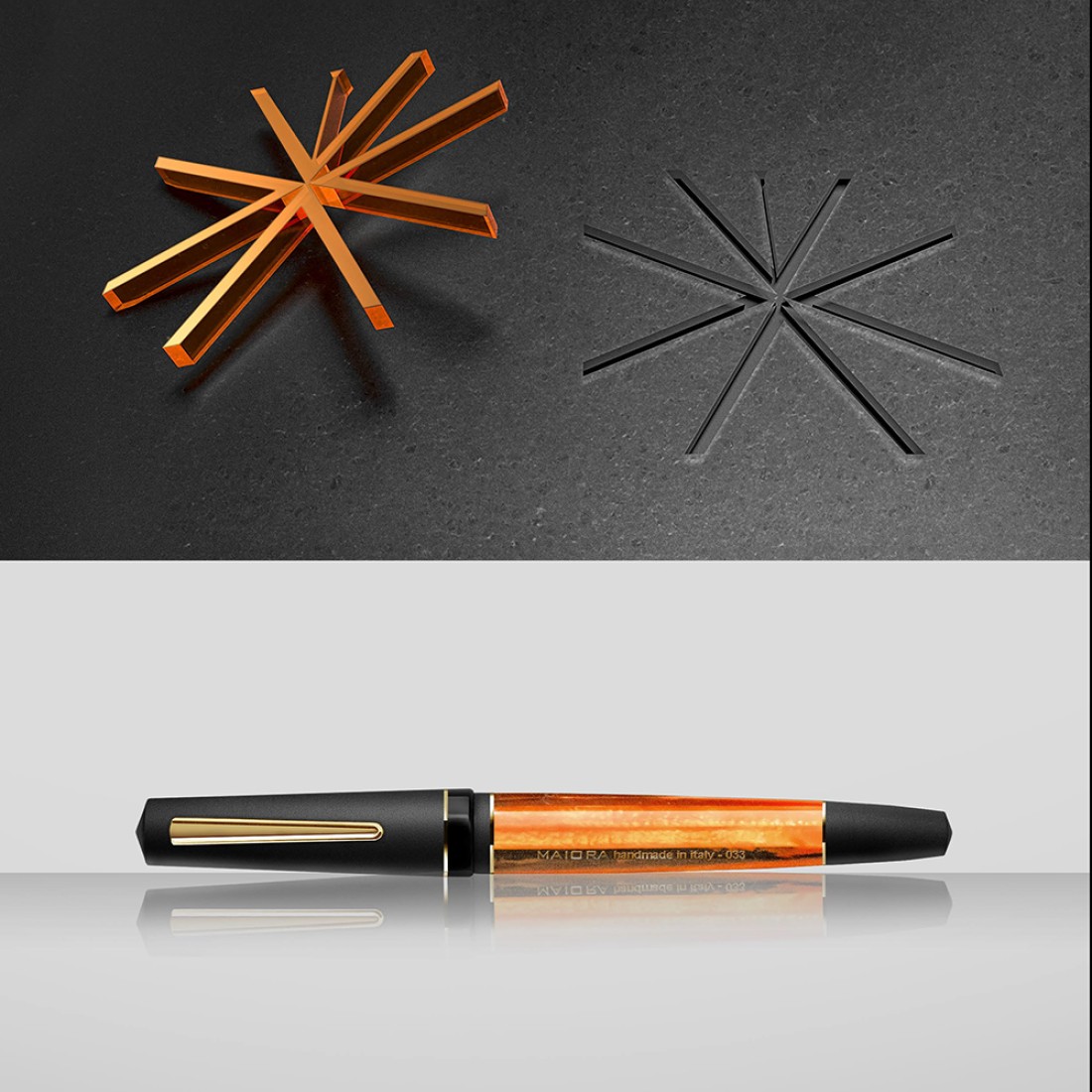 Oversized Fountain Pen Maiora Impronte Italy Made Medium Nib Black & Orange 