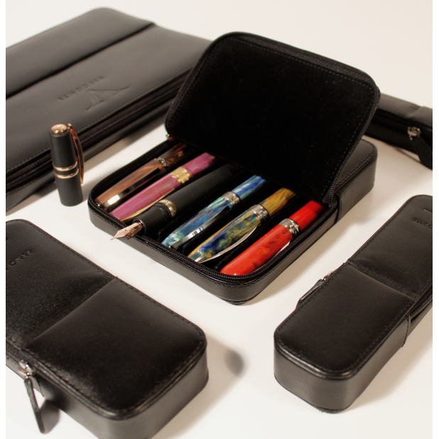 Visconti Leather Black Pen Pouch Double