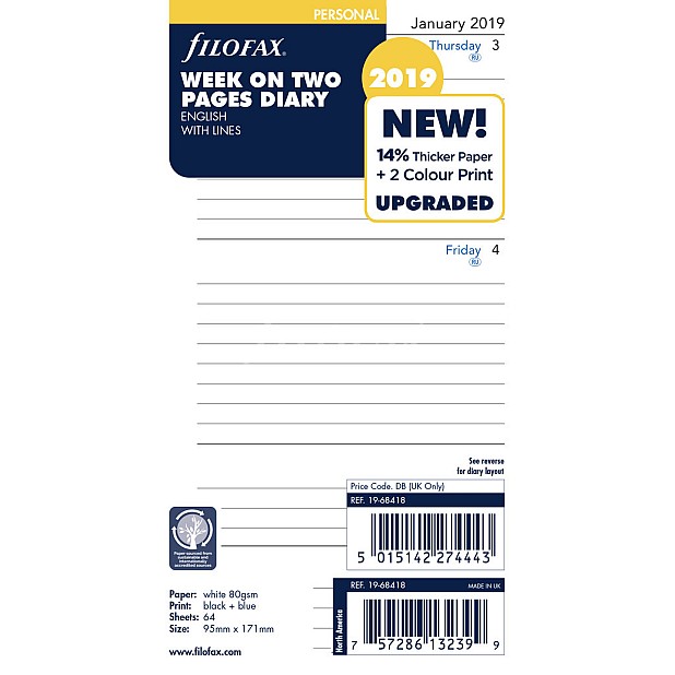 Filofax Refill 2024 Personal White - Week on 2 pages Ruled