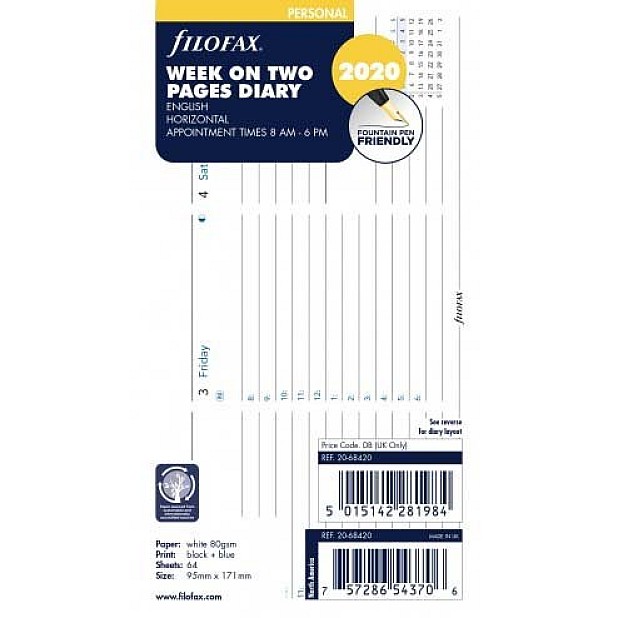 Filofax Refill 2025 Personal White - Week on 2 pages Horizontal