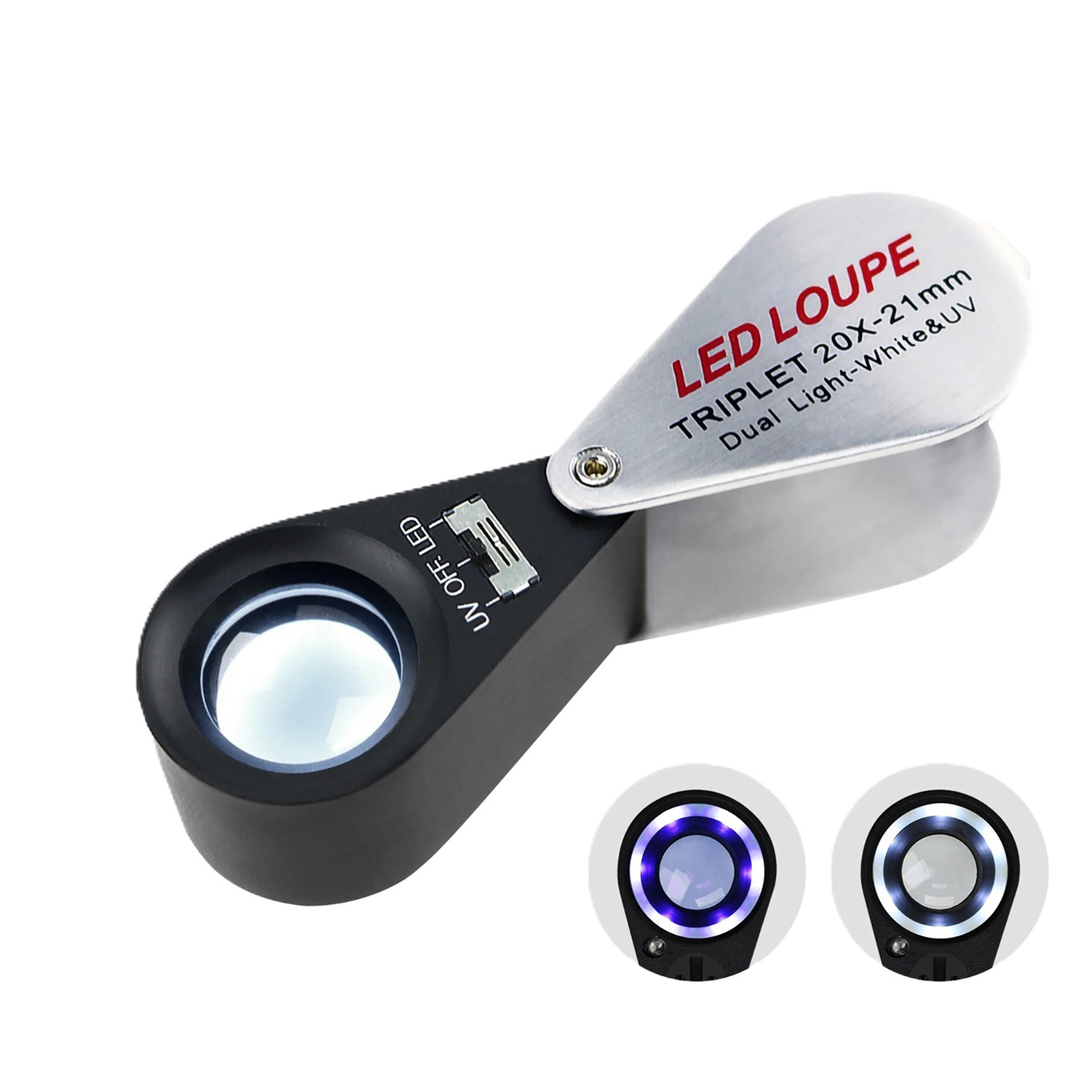Appelboom Mini Jeweler Loupe 20X Magnifier + LED & UV light 21mm Lens