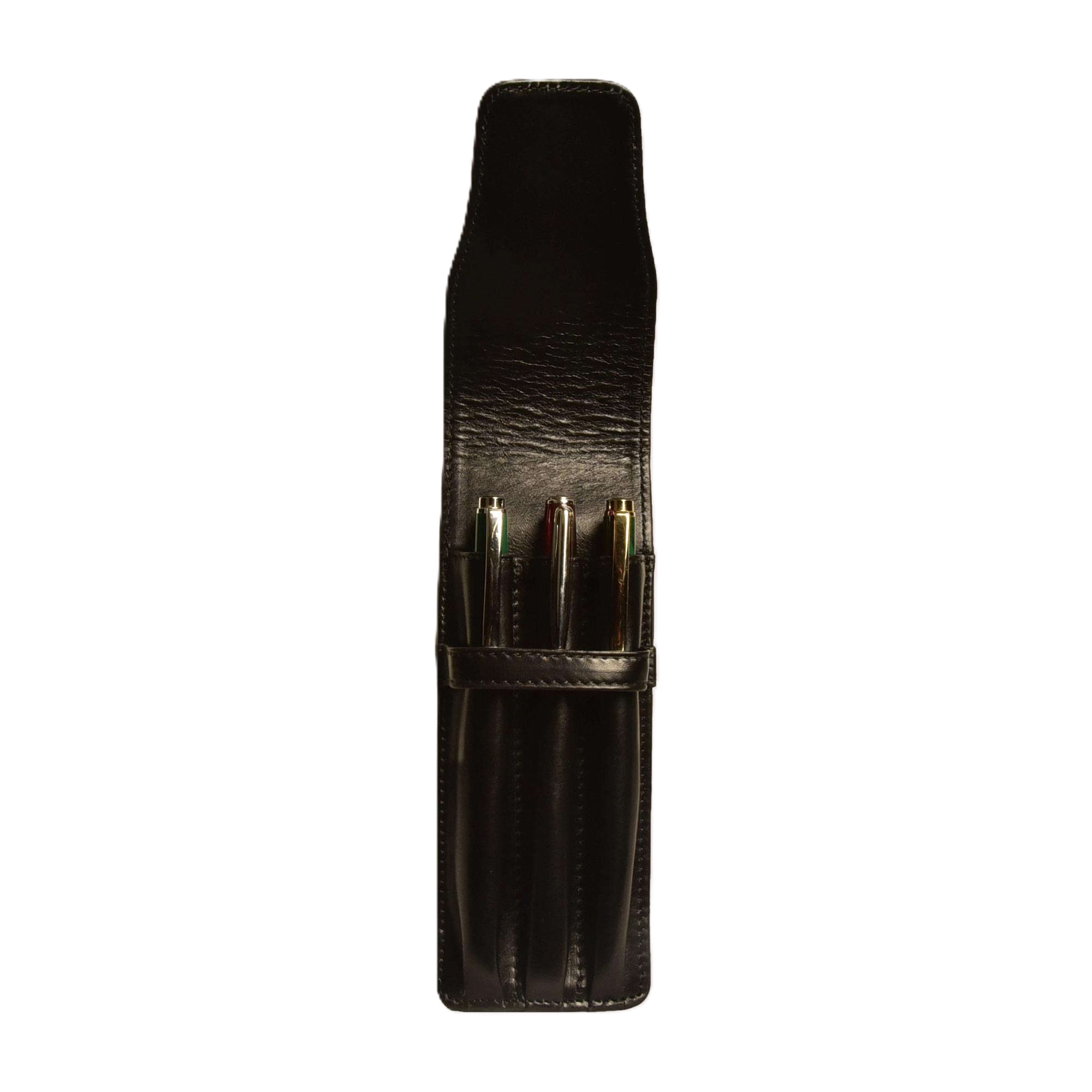 Aston Leather Black Soft Flap Pen Pouch (Triple)
