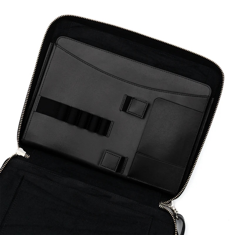 Galen Leather Compendium Bag Black A4 Zippered Folio Organizer