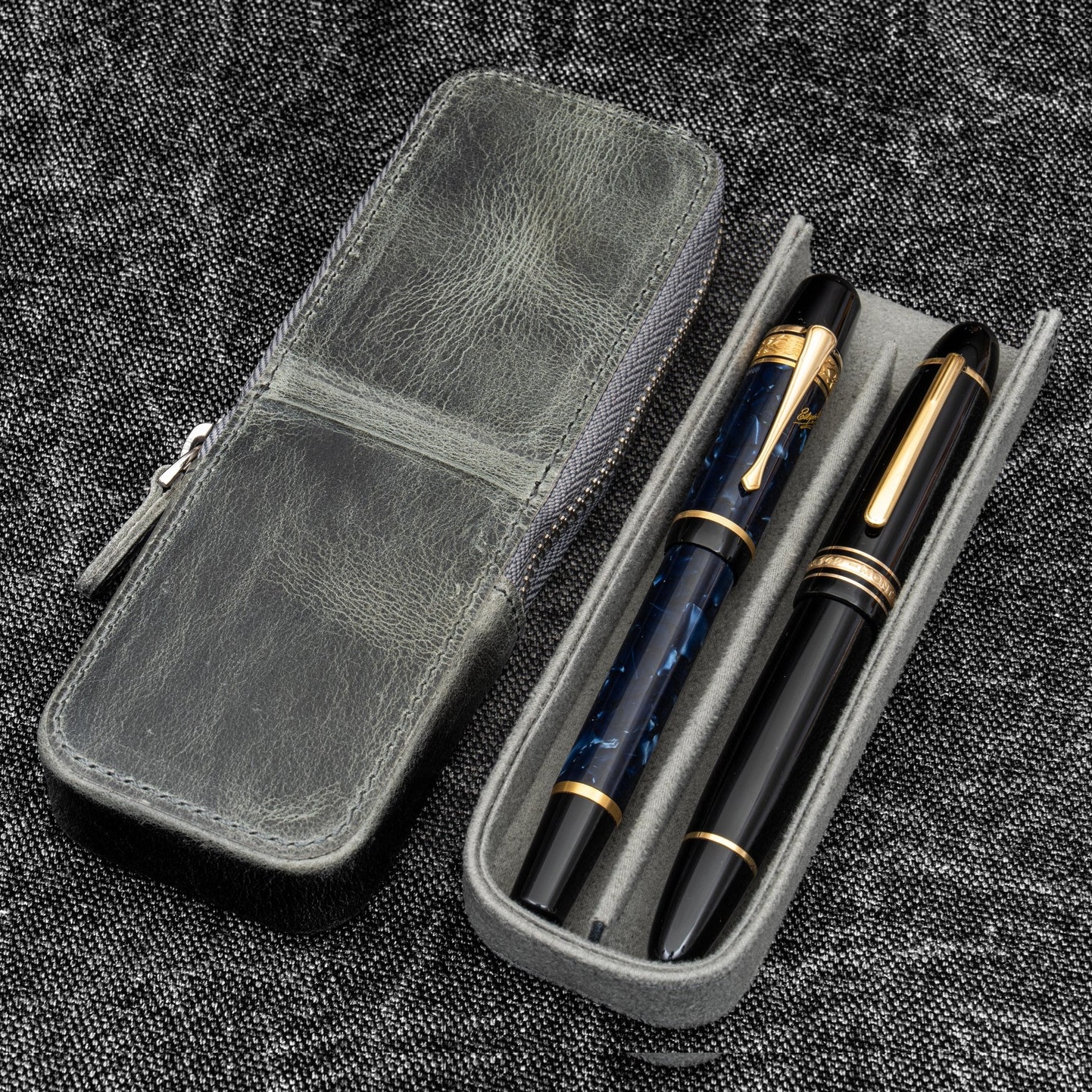 Galen Leather Magnum Opus Zippered 2 Slots Crazy Horse Smoky Hard Pen Case