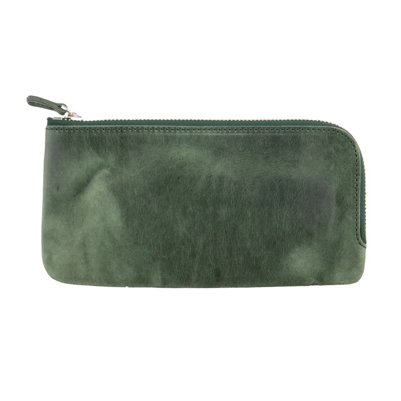 Galen Leather Slip-N-Zip 4 Slots Zippered Crazy Horse Fores Green Penetui