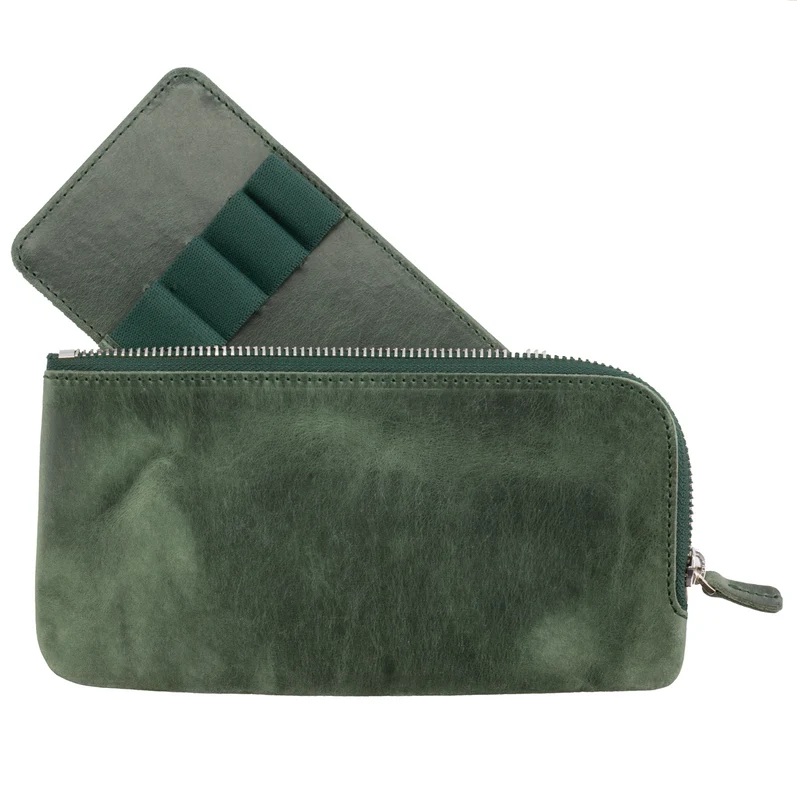 Galen Leather Slip-N-Zip 4 Slots Zippered Crazy Horse Fores Green Penetui