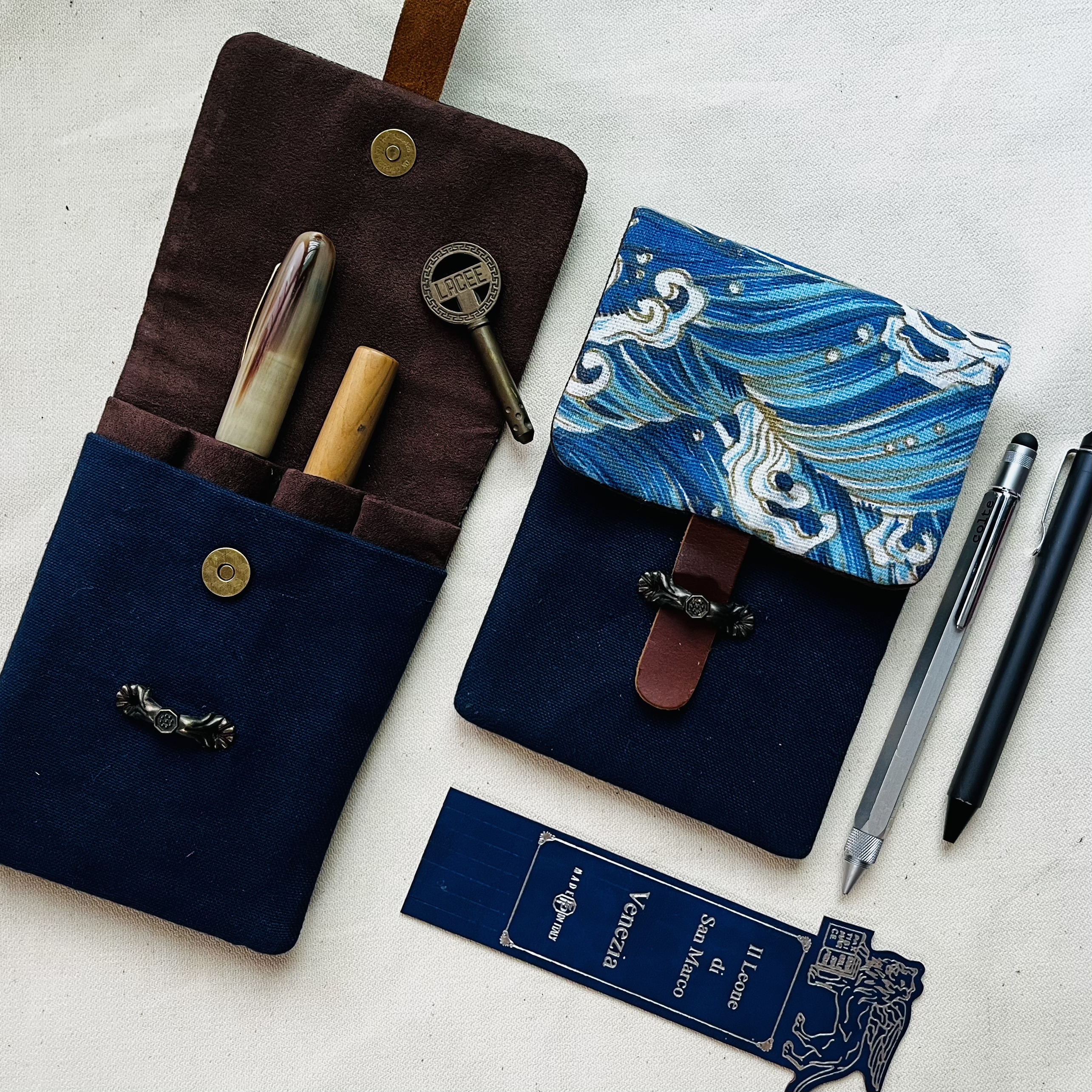 Kyoku Haku Wave Cotton Flap Pen Pouch (Fourfold)