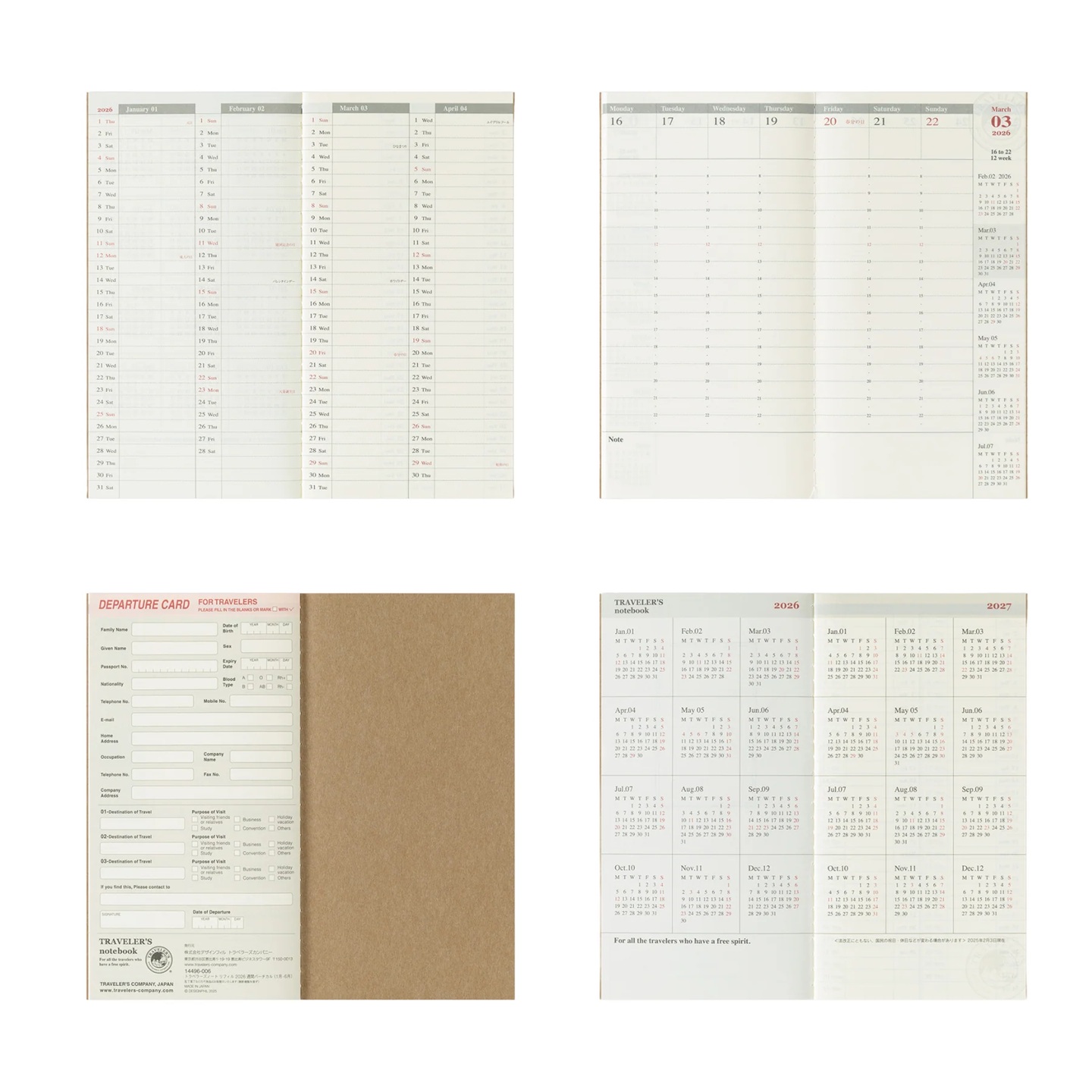 Traveler's Company Refill Regular 2026 Diary Weekly Vertical Caderno de Notas