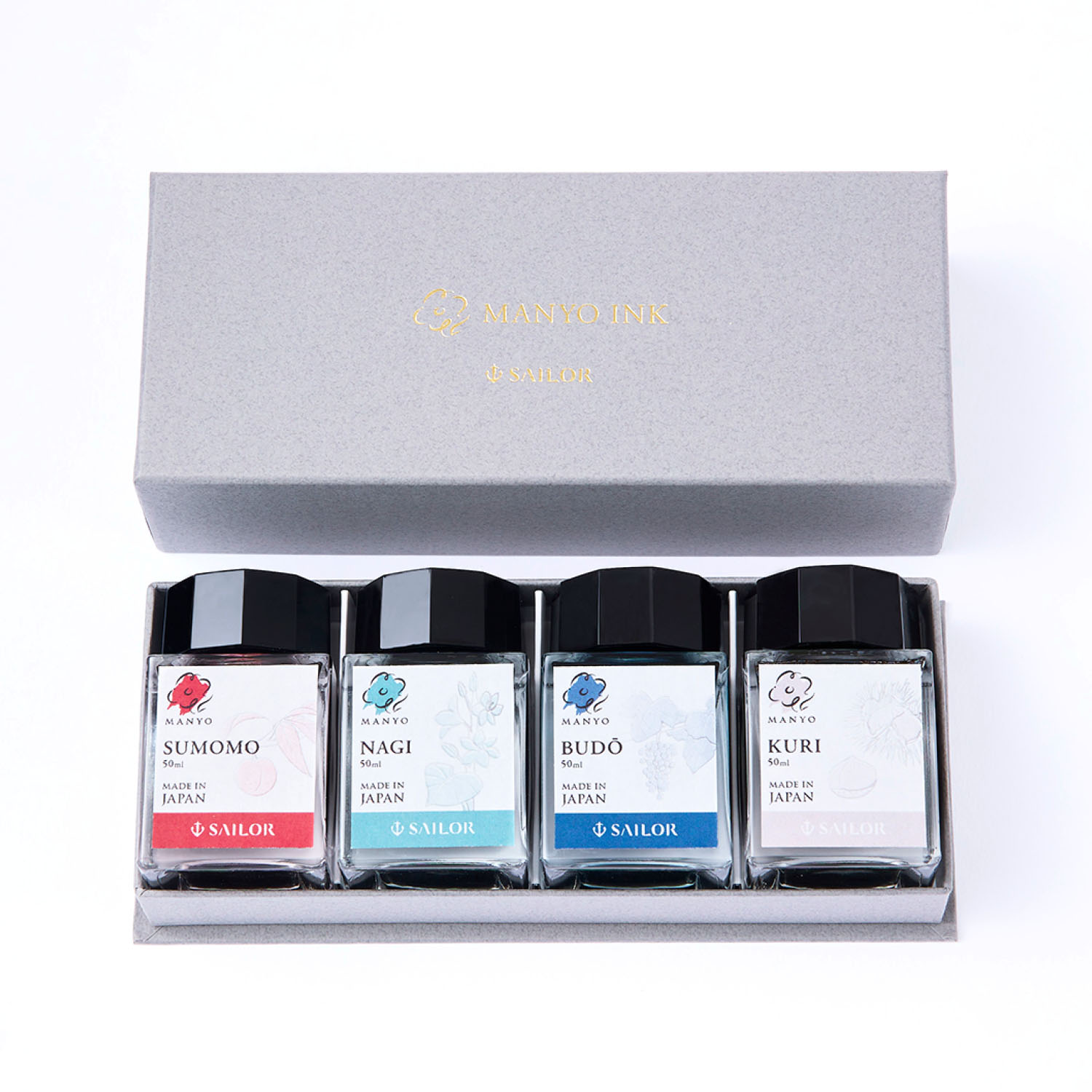 Sailor Manyo Ink Set - Sumomo, Nagi, Budo, Kuri - 4x 20ml Ink Bottles Sailor Manyo Ink Set - Sumomo, Nagi, Budo, Kuri - 4x 20ml Ink Bottles