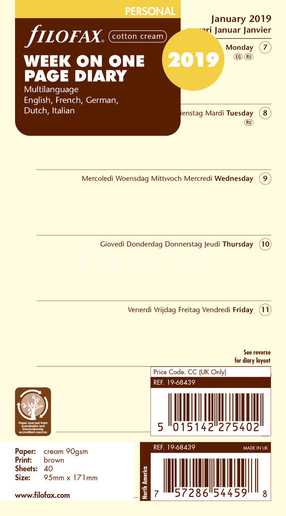 Filofax Refill 2025 Personal Cream - Week on 1 page Filofax Refill 2025 Personal Cream - Week on 1 page