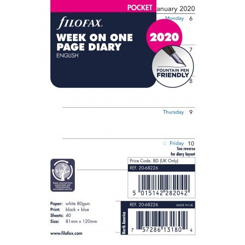 Filofax Refill 2026 Pocket White - Semana em 1 página