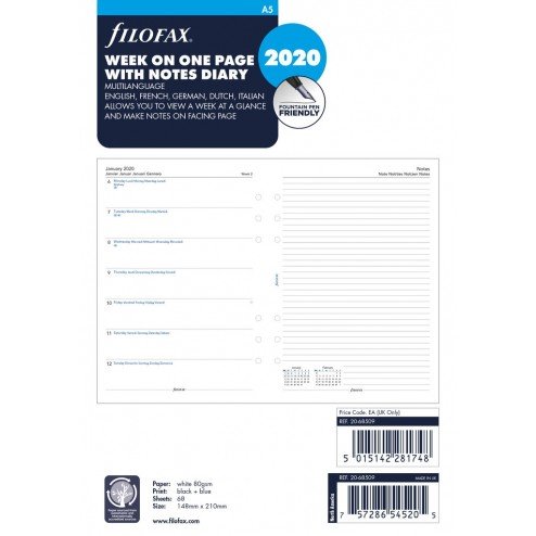 Filofax Refill 2025 A5 White - Week on 1 page with Notes Filofax Refill 2025 A5 White - Week on 1 page with Notes