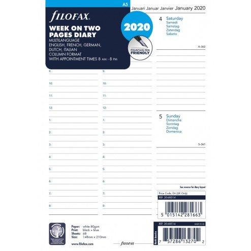 Recambio Filofax 2026 A5 Crema - Semana en 2 páginas con Columnas